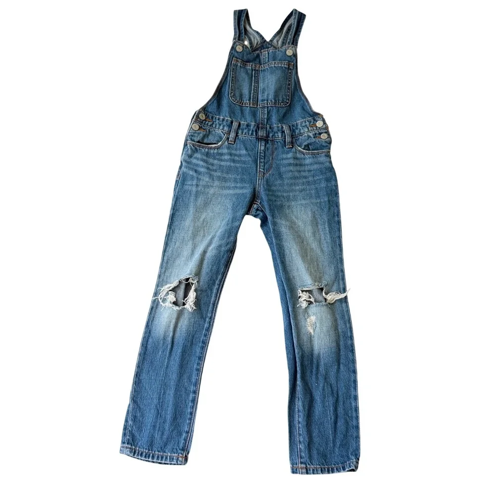 Old Navy Girls Distressed Denim Overalls Medium Wash Ripped Knee Size M 8